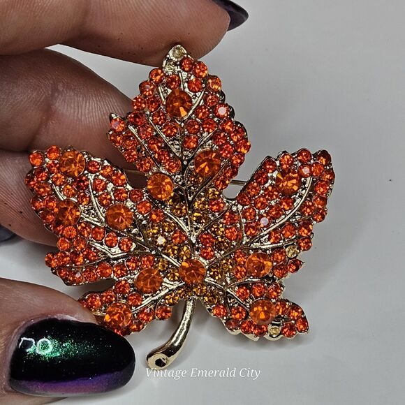 Maple Tree Leaf Brooch Orange Rhinestones Gold-Tone Autumn Pin Fall Warm Nature - Picture 8 of 12
